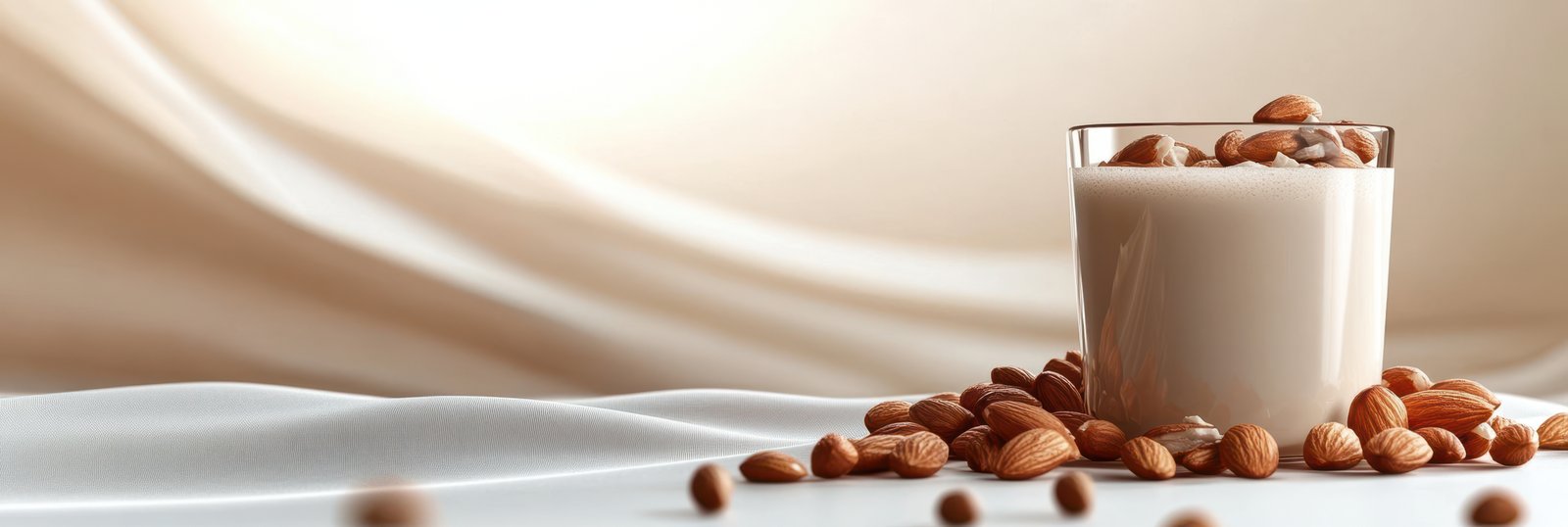 A glass of almond milk sits on a white surface with almonds scattered around it